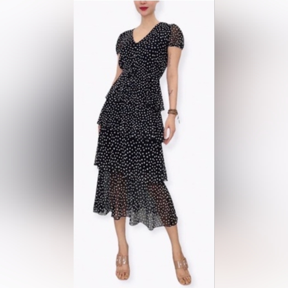 NWT Stella & Julie Navy Blue Polka Dot Ruffle Midi Dress Plus 20W